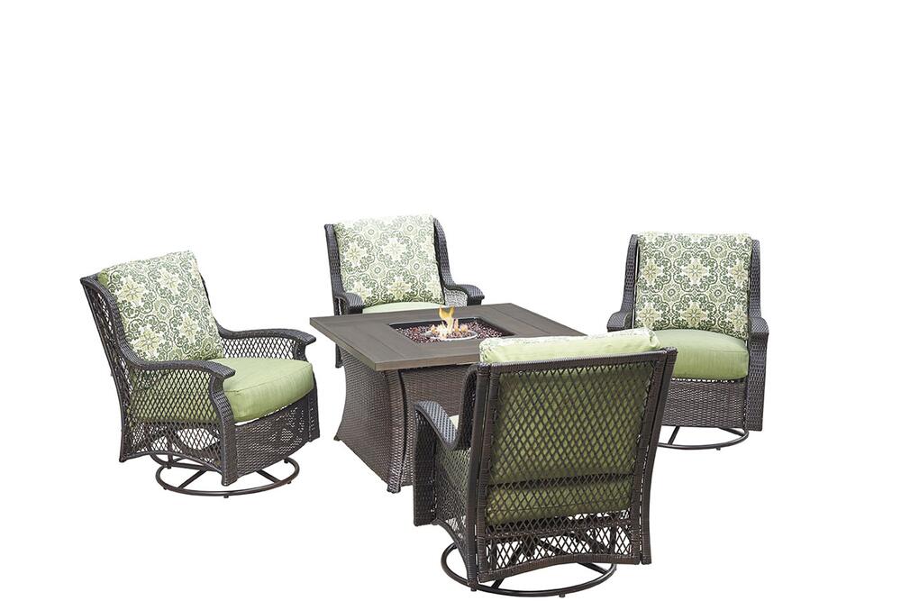 Backyard Creations® Allenwood Brown Wicker 5-Piece Deep Seating Fire Pit Patio Set with Green Cushions