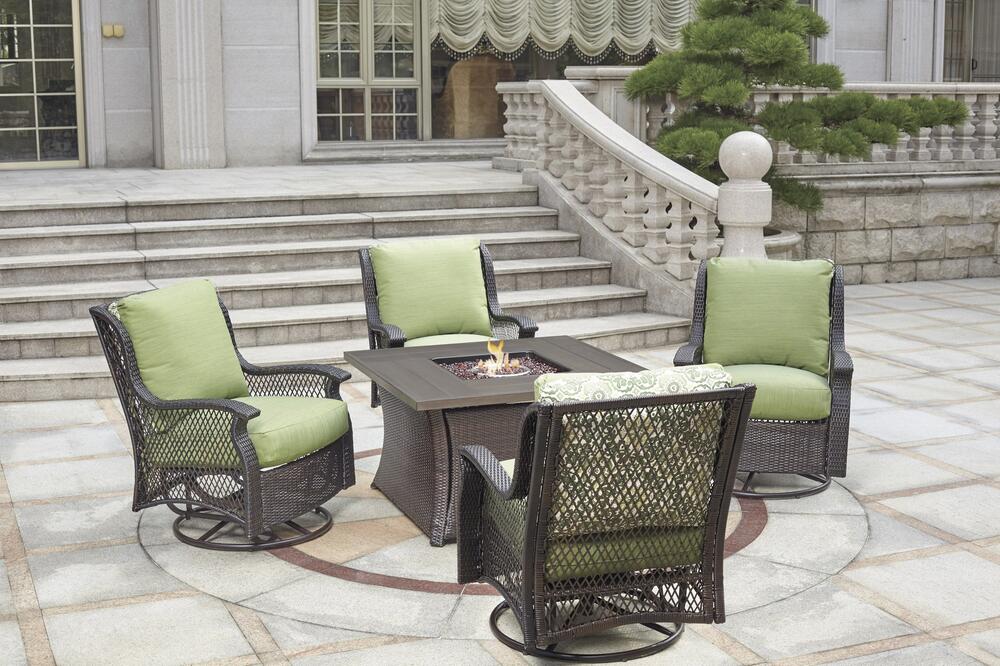 Backyard Creations® Allenwood Brown Wicker 5-Piece Deep Seating Fire Pit Patio Set with Green Cushions