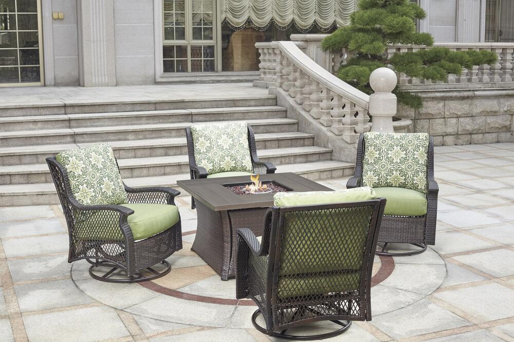 Backyard Creations® Allenwood Brown Wicker 5-Piece Deep Seating Fire Pit Patio Set with Green Cushions