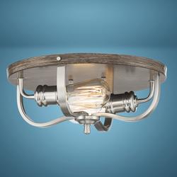 Patriot Lighting® Waverly Satin Nickel & Wood 2-Light Flush Mount Ceiling Light