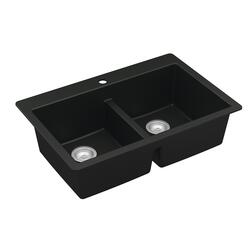 KunMai 45 Black Quartz Kitchen Sink Double Bowl Drop-In Sink with Drain  Board