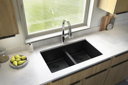 KunMai 45 Black Quartz Kitchen Sink Double Bowl Drop-In Sink with Drain  Board