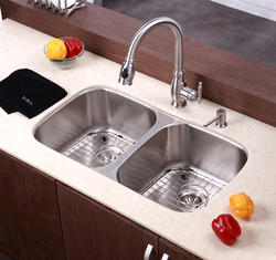 Kraus KBU32 Double Bowl Kitchen Sink with NoiseDefend™, Wear-Resistant  Finish, Low Divider and T304 Stainless Steel