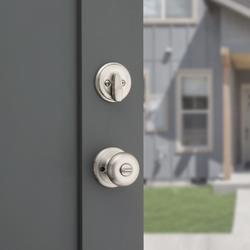 Juno Satin Nickel Exterior Entry Door Knob and Double Cylinder Deadbolt  Combo Pack Featuring SmartKey Security
