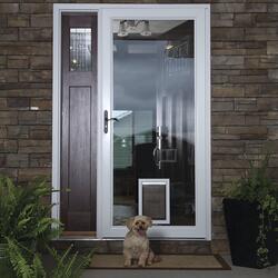 Black screen door with pet outlet door