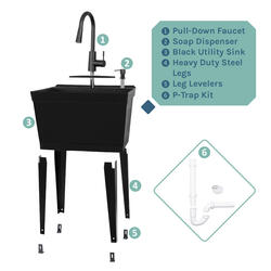 Tehila White Vanity Cabinet and White Utility Sink with Stainless Steel  Finish Low-Profile Pull-Down Faucet