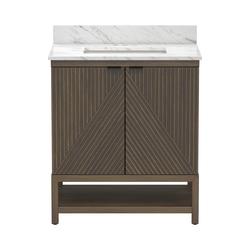 MagickWoods Sandhurst 31"W x 22"D Walnut Vanity and Calacatta Engineered Stone Vanity Top with Rectangular Undermount Wave Bowl