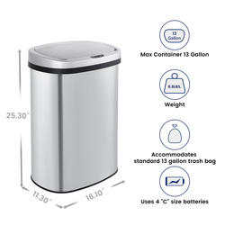 13 Gallon Stainless Steel Oval Sensor Trash Can