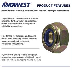 Midwest Fastener® 10mm-1.25 Class 8 Zinc Nylon Insert Lock Nut - 1