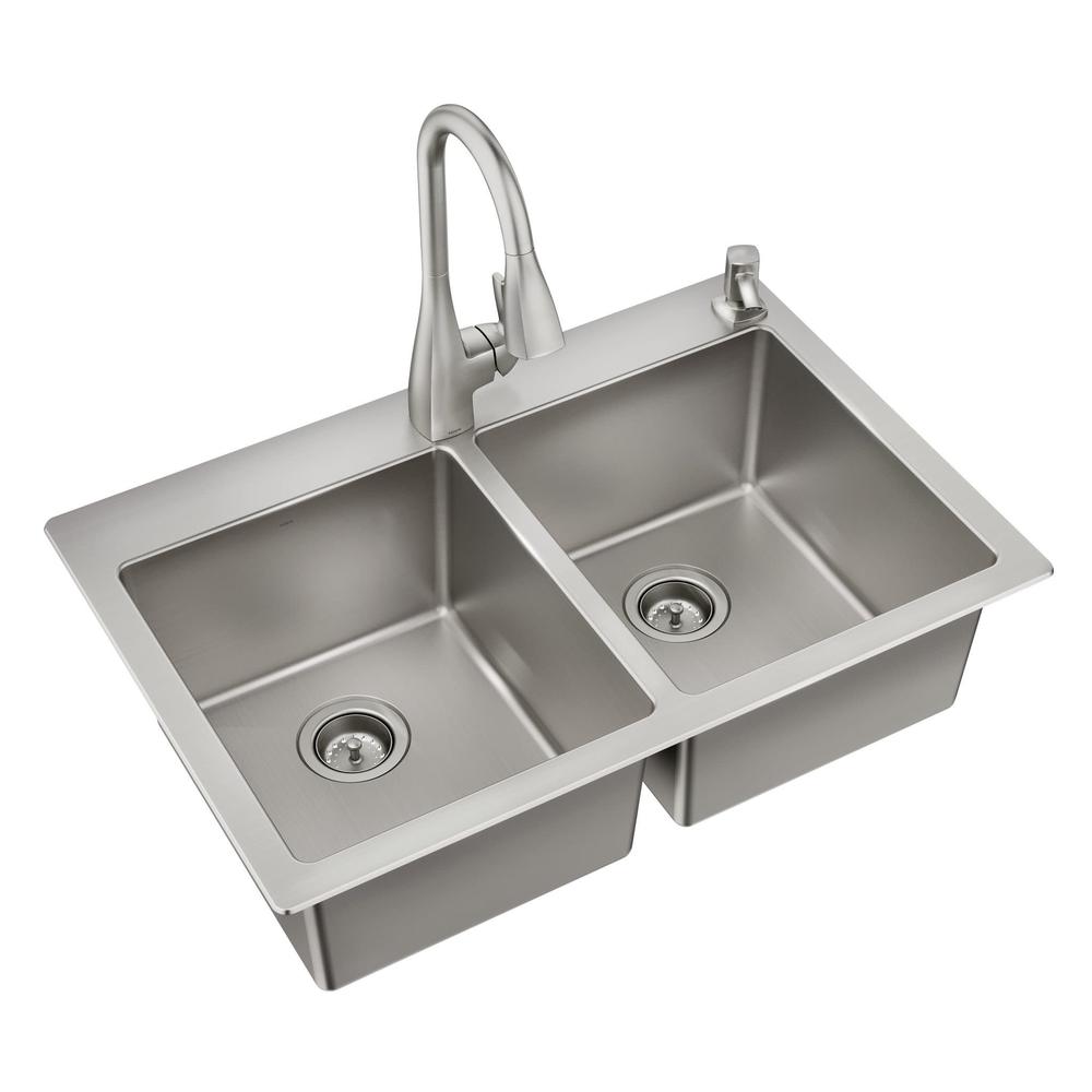 All-in-One Dual Mount Stainless Steel 33 in. 2-Hole Single Bowl Kitchen Sink in Brushed with Faucet