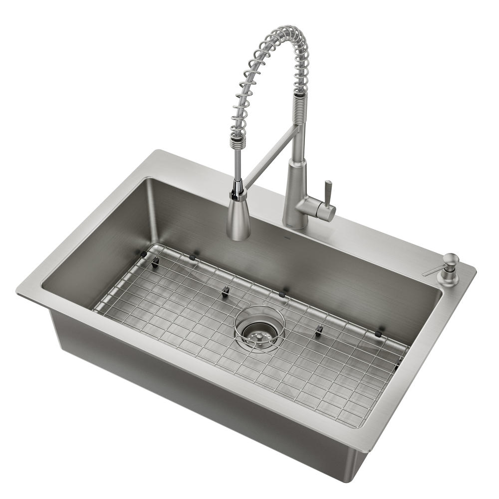 All-in-One Dual Mount Stainless Steel 33 in. 2-Hole Single Bowl Kitchen Sink in Brushed with Faucet
