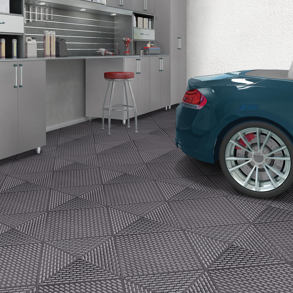 Bergo Unique 14.9 in. x 14.9 in. Gray Polypropylene Garage Floor Tile (54 sq. ft. / case) Bergo Unique 14.9 in. x 14.9 in. Gray Polypropylene Garage Floor Tile (54 sq. ft. / case)