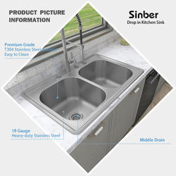 Sinber Drop-In 33 Stainless Steel 4-Hole Double Bowl Kitchen Sink