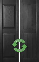 Shutters By Design 14-1/2"W x 71"H Black Vinyl Reversible Raised/Rustic Panel Exterior Shutters - 1-Pair