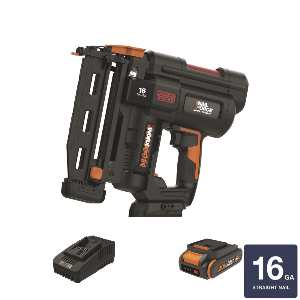 WORX Nitro 20 Volt Cordless Brushless 16 Gauge Straight Finish Nailer Kit at Menards