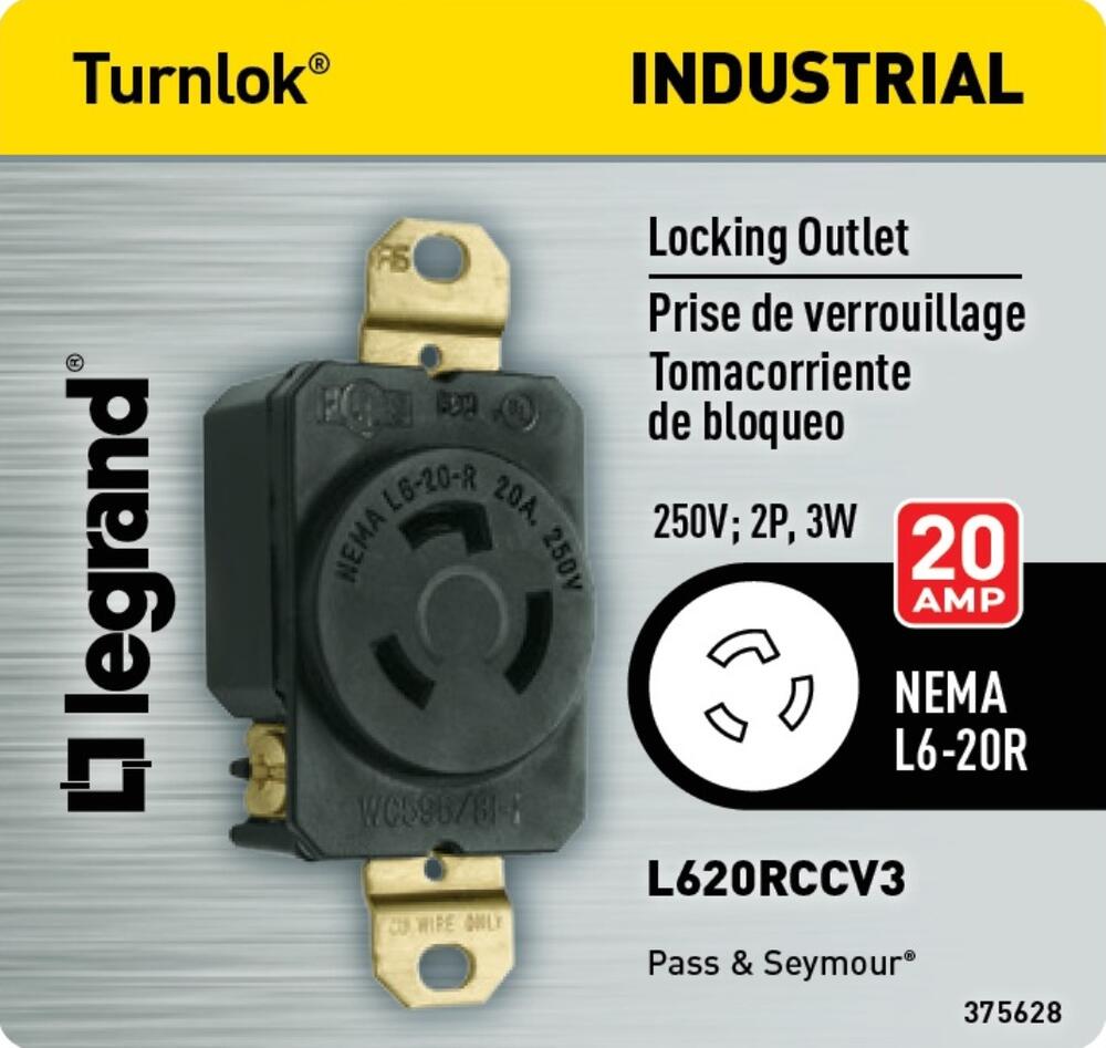 Legrand 30 Amp Self-Grounding Locking Single Outlet Receptacle - Black Legrand 30 Amp Self-Grounding Locking Single Outlet Receptacle - Black