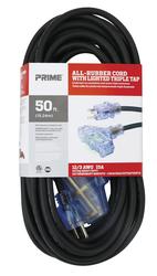 Prime 50' 12/3 3-Outlet All-Rubber Heavy-Duty Black Outdoor