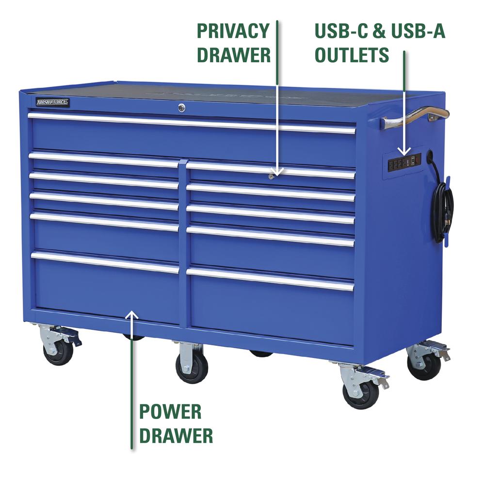56 in. x 24 in. 11-Drawer Roller Cabinet Tool Chest with Power and USB Outlets in Black and Blue 56 in. x 24 in. 11-Drawer Roller Cabinet Tool Chest with Power and USB Outlets in Black and Blue