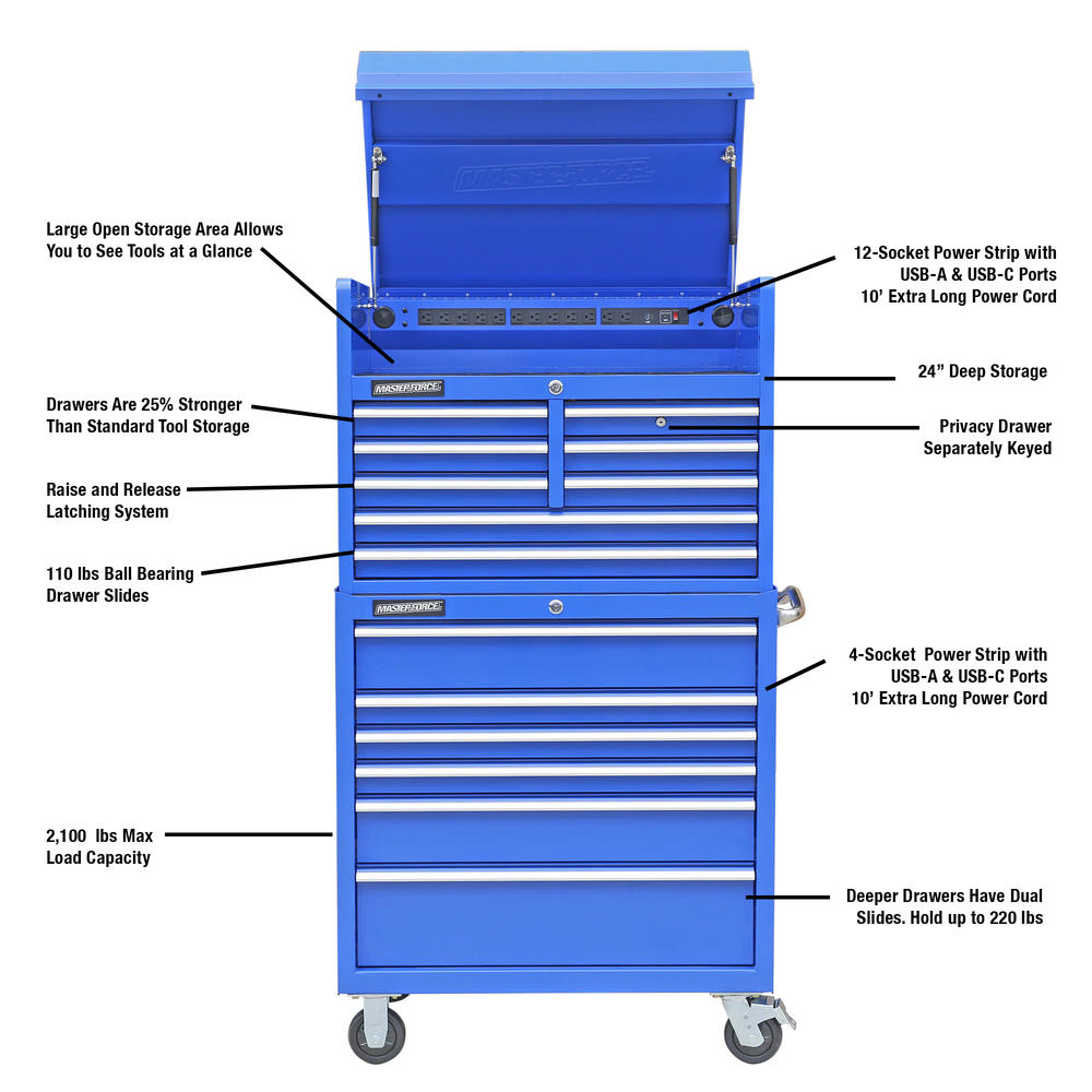 24 in. x 36 in. 10-Drawer Tool Chest and Cabinet Combo with Power and USB Outlets in Black and Blue 24 in. x 36 in. 10-Drawer Tool Chest and Cabinet Combo with Power and USB Outlets in Black and Blue