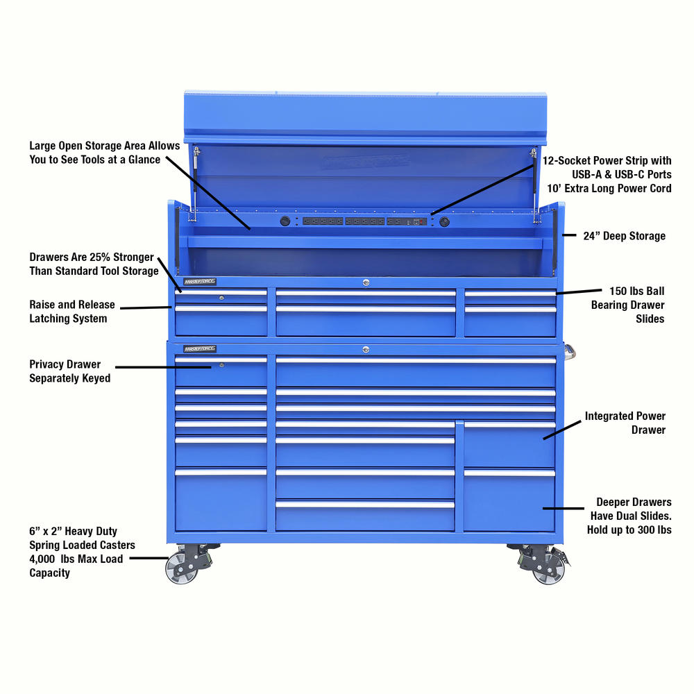 72 in. x 24 in. 10-Drawer Tool Top Chest with Power and USB Outlets in Black and Blue 72 in. x 24 in. 10-Drawer Tool Top Chest with Power and USB Outlets in Black and Blue