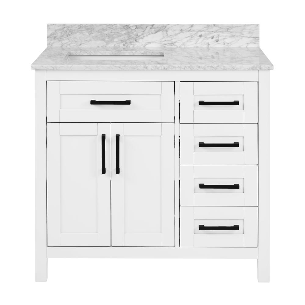 Britney 36 in. W x 22 in. D x 34 in. H Bath Vanity in White with White Carrara Marble Top with White Sink