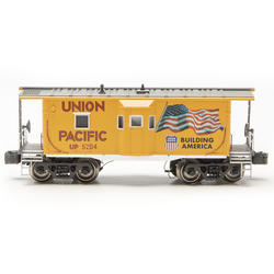 thumbnail interactive-video image 1 of O Gauge Lighted Bay Window Caboose – Santa Fe War Bonnet Red/Silver, Menards Pre-built 1 of 6