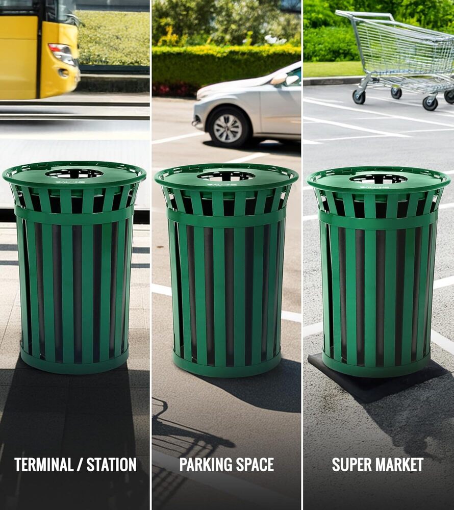 Alpine Industries 38 Gal Steel Outdoor Trash Can with Liner, Open