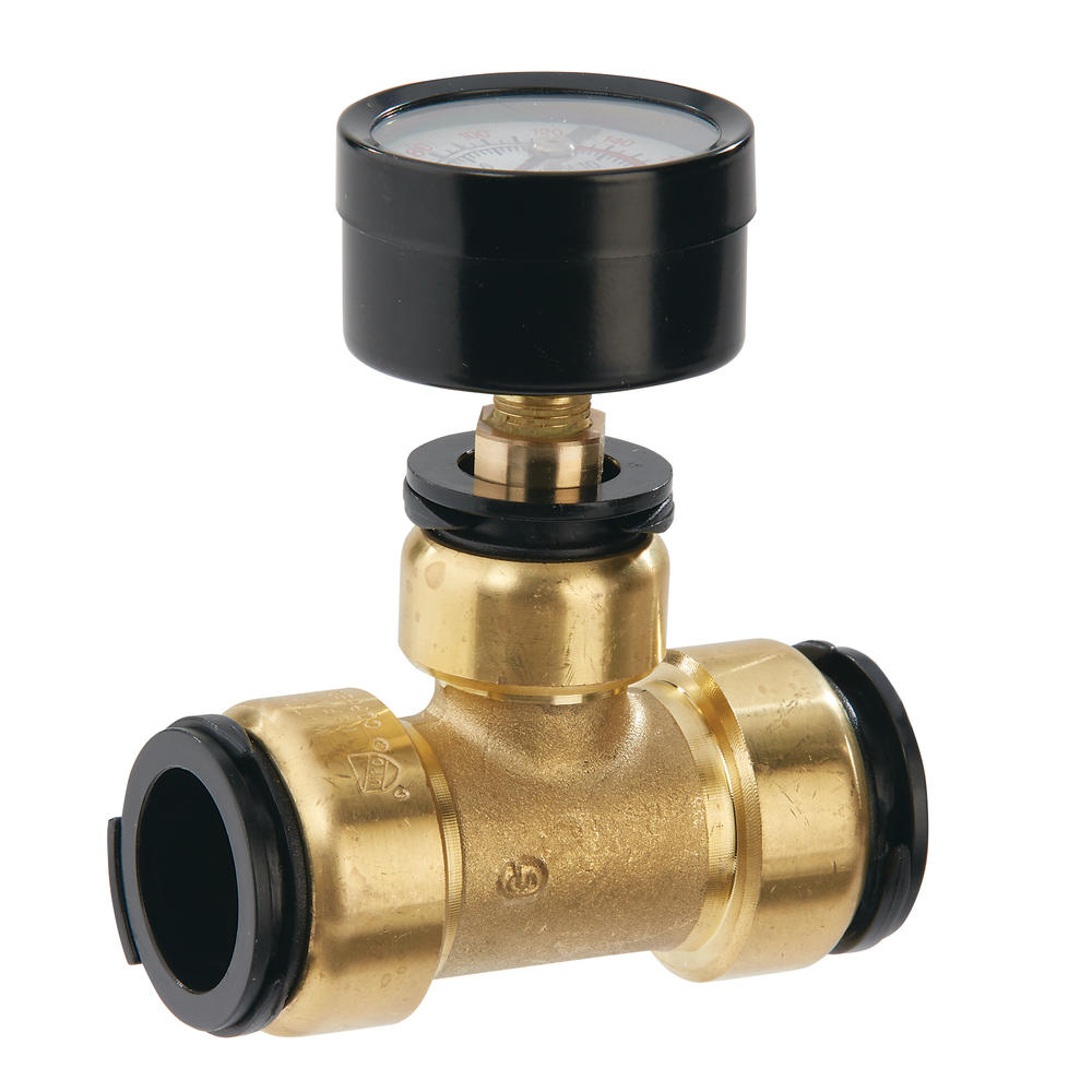 1 in. Push-to-Connect Brass Tee Fitting with Water Pressure Gauge 1 in. Push-to-Connect Brass Tee Fitting with Water Pressure Gauge