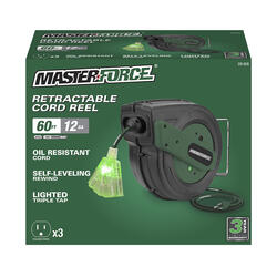 Masterforce™ 60' 12/3 Retractable Triple-Tap Extension Cord Reel at Menards®