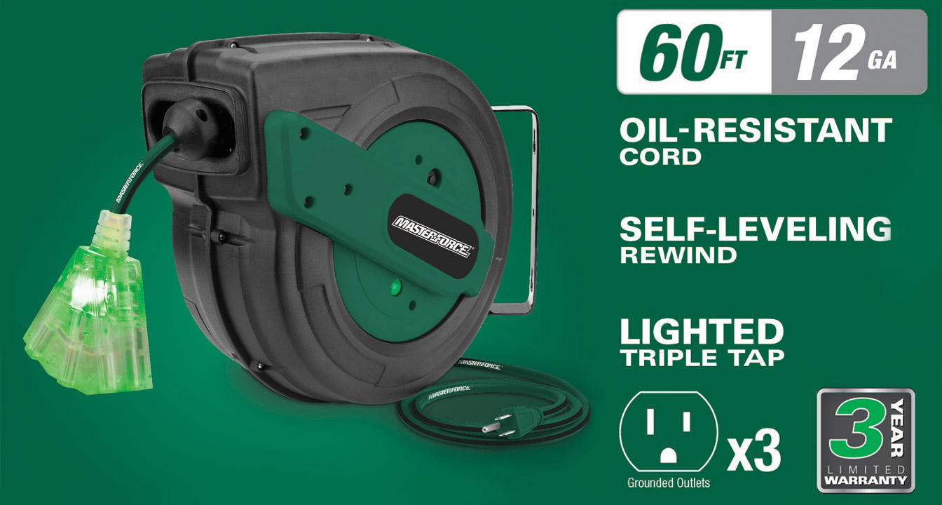 Masterforce™ 60' 12/3 Retractable Triple-Tap Extension Cord Reel at Menards®