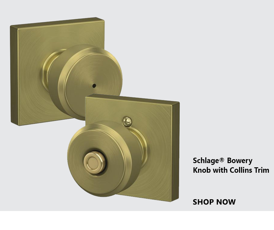 Schlage F40BWE608COL Satin Brass Bowery Privacy Door Knob Set with Collins  Trim 