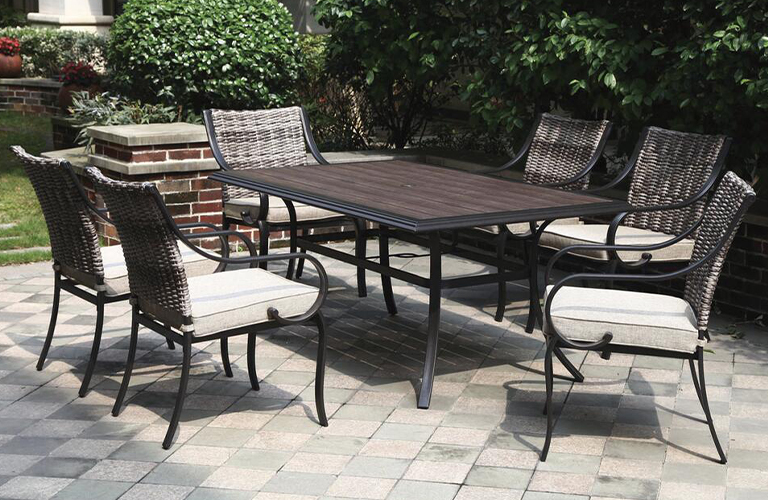 Backyard Creations Vanderbuilt Black 7 Piece Dining Patio Set with Beige Cushions at Menards