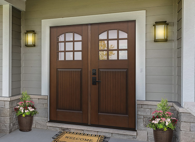 36 Madison Oval Exterior Fiberglass Door - Dark Mahogany - Right Hand  Inswing